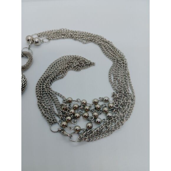 Multi Strand Circular Chain Tassel Pendant Silver Tone 24" Chain Necklace - Picture 5 of 6